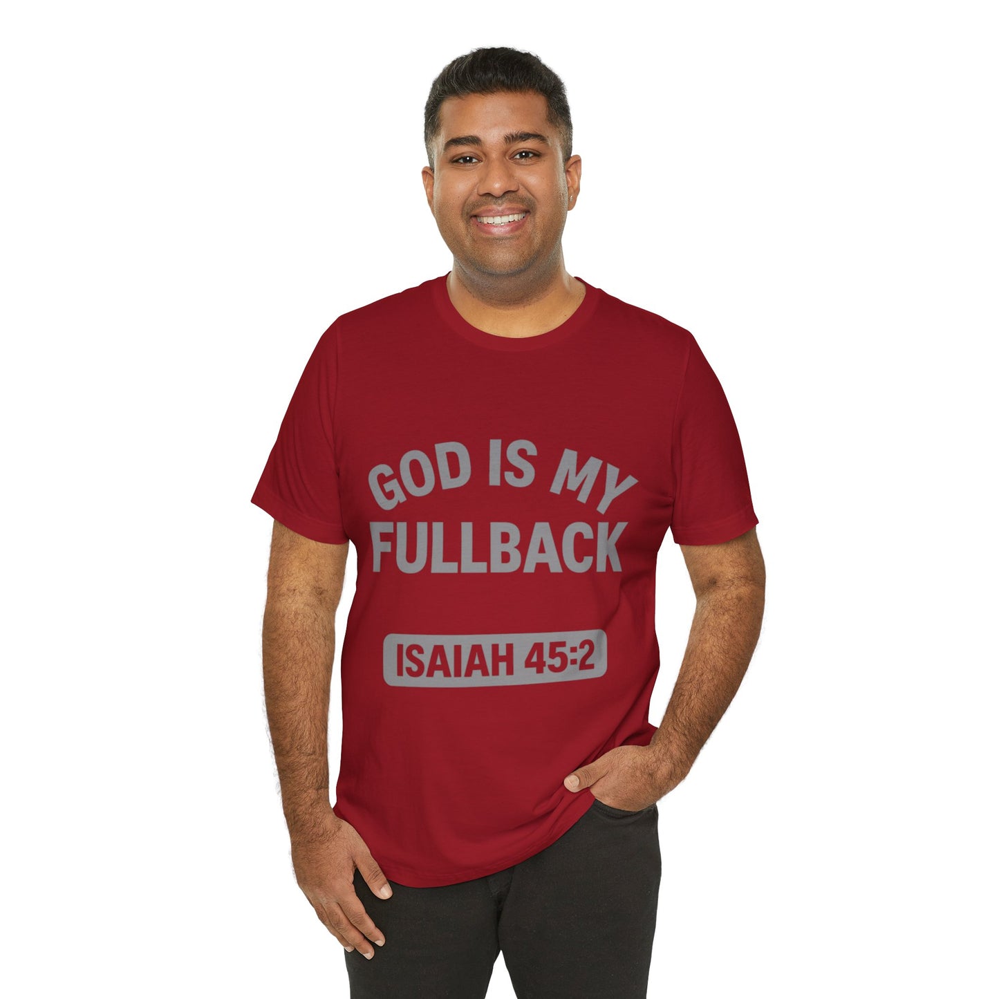 God is My Fullback Upgraded Premium Tee - Crimson - Grey