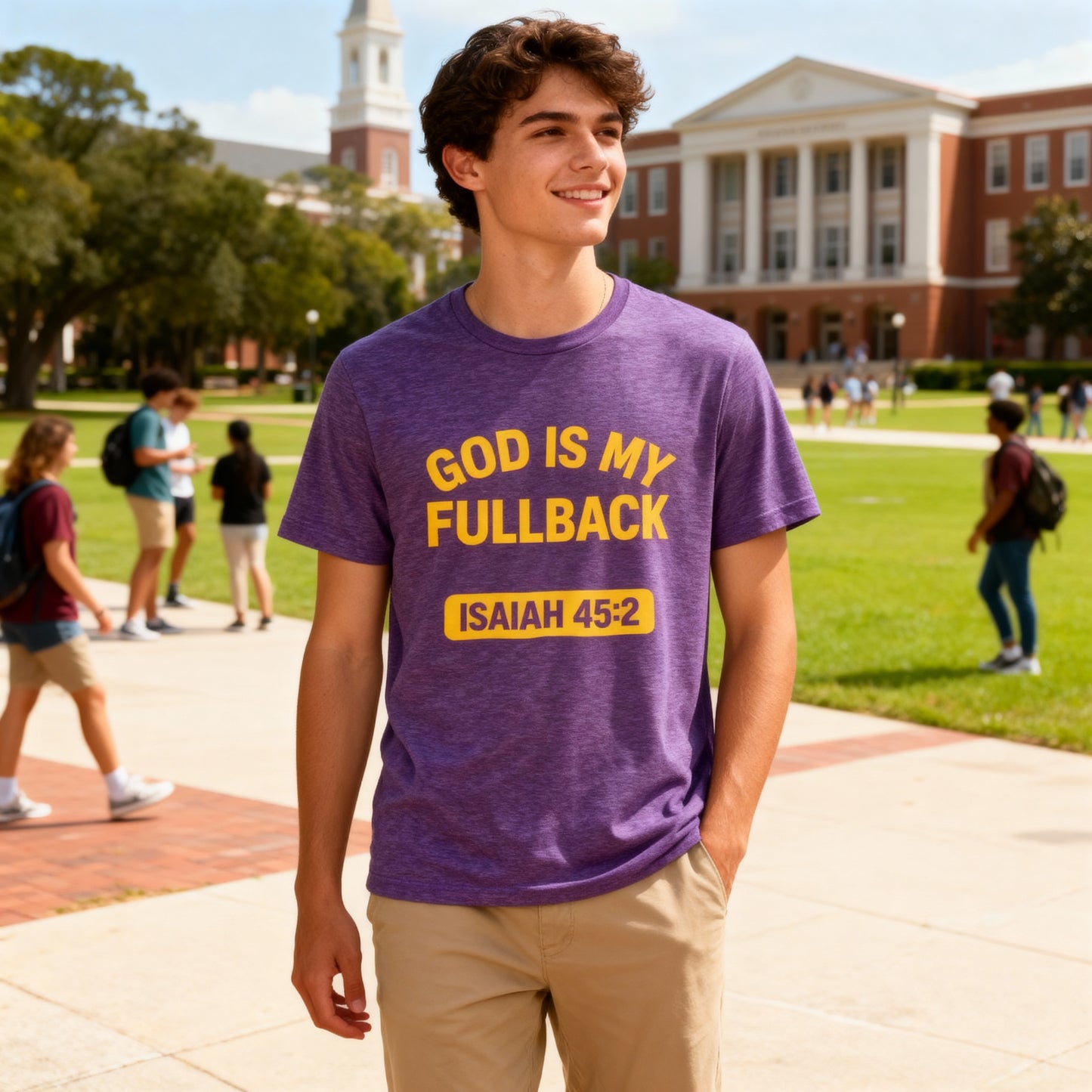 God is My Fullback - ISAIAH 45:2 - Heather Purple - Yellow