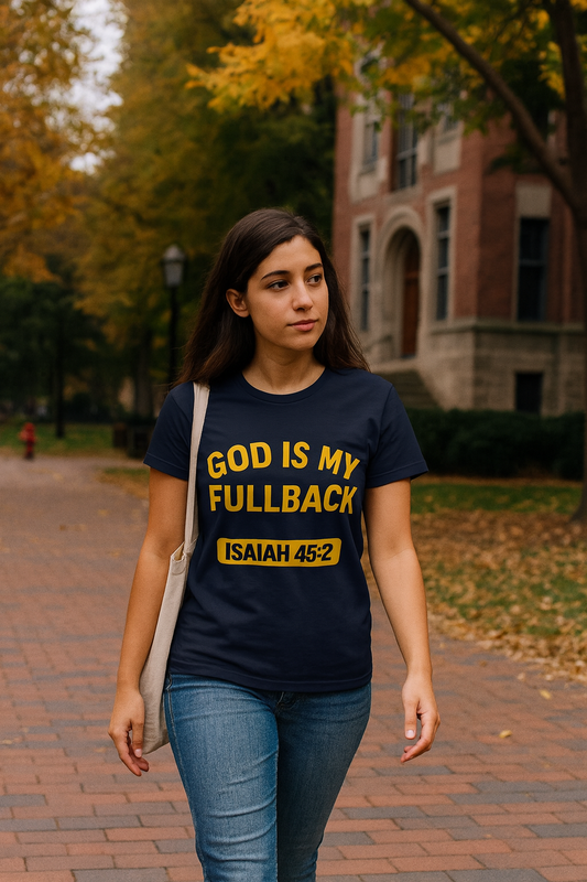 God is My Fullback Upgraded Premium Tee - Navy - Yellow