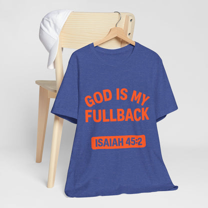 God is My Fullback Upgraded Premium Tee - Heather Royal Blue - Orange