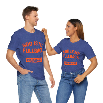 God is My Fullback Upgraded Premium Tee - Heather Royal Blue - Orange