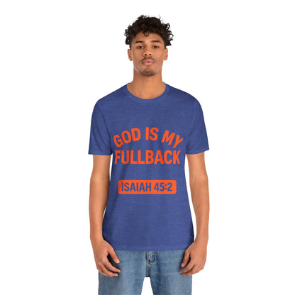 God is My Fullback Upgraded Premium Tee - Heather Royal Blue - Orange
