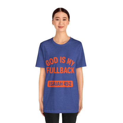 God is My Fullback Upgraded Premium Tee - Heather Royal Blue - Orange